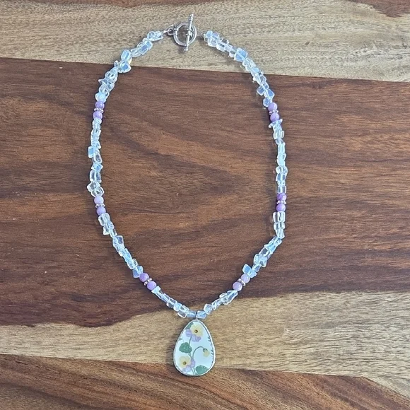Elegant Floral Broken China Pendant Necklace with Opalite and Purple Accents - Picture 2 of 6